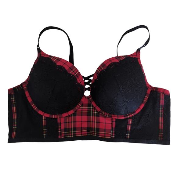 Torrid Bra Womens 44C Plunge Push Up Longline Noelle Plaid Jester Red NWT - Picture 3 of 13